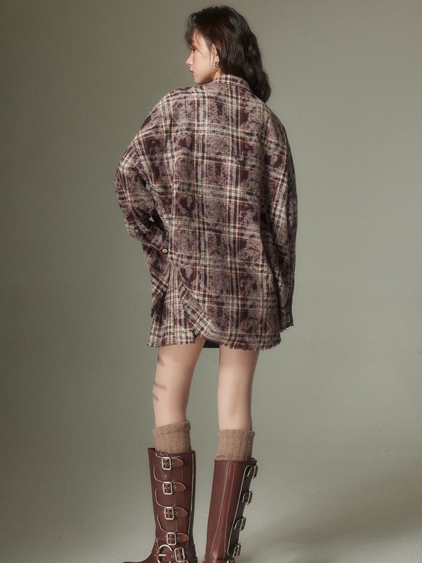Plaid Loose Long Sleeve Shirt & Pleated Skirt