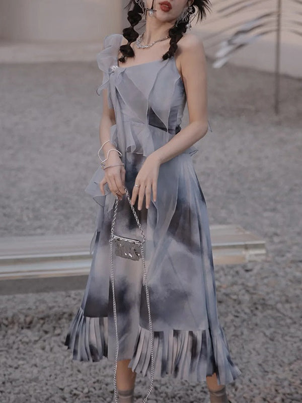 Oil Painting Print Dress with Detachable Sleeves