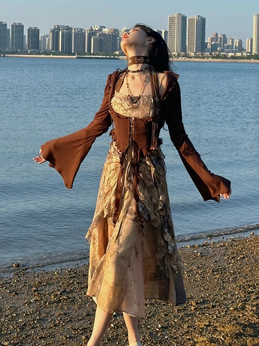 Classical Aesthetics Printed Lace Dress & Waist Slim Cardigan