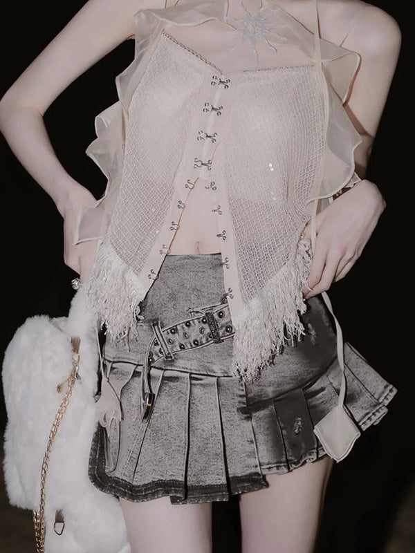 Y2k Pleated Denim Skirt Pants