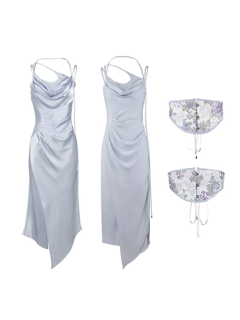 Drape Sling Dress With Floral Corset Belt