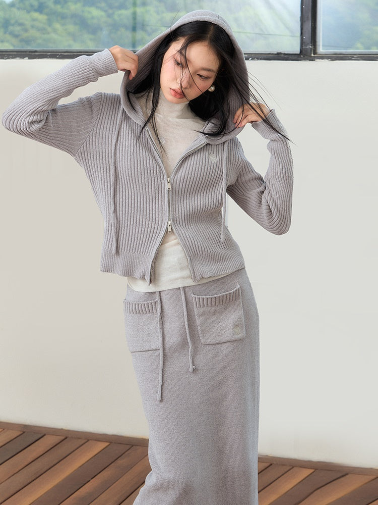 Relaxing Hooded Knitted Parka & Skirt & Pants