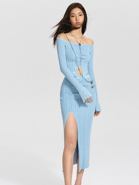One-shoulder Knitted Top & Slit Skirt