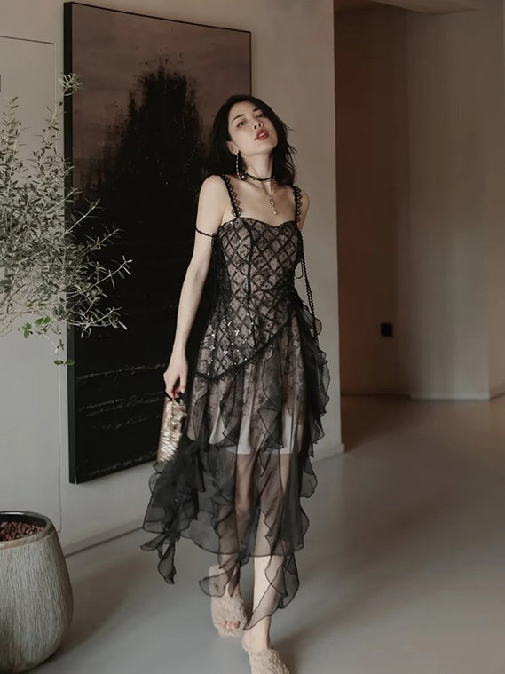 Irregular Frill Stitch Lace Sheer Sling Dress