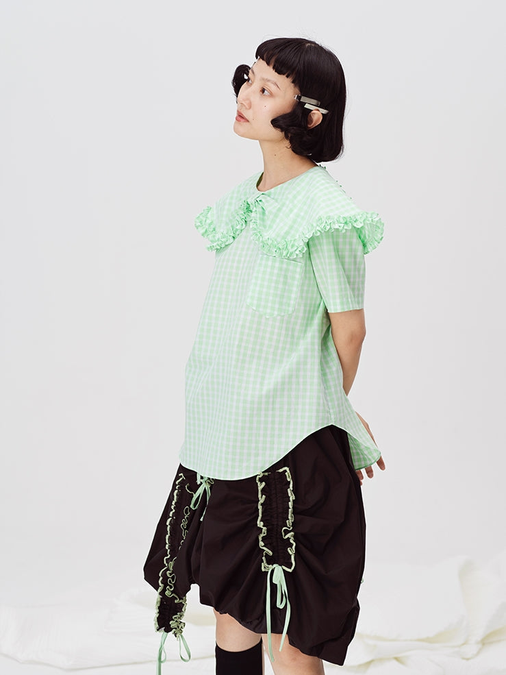 Plaid Doll Collar Short-Sleeved Shirt