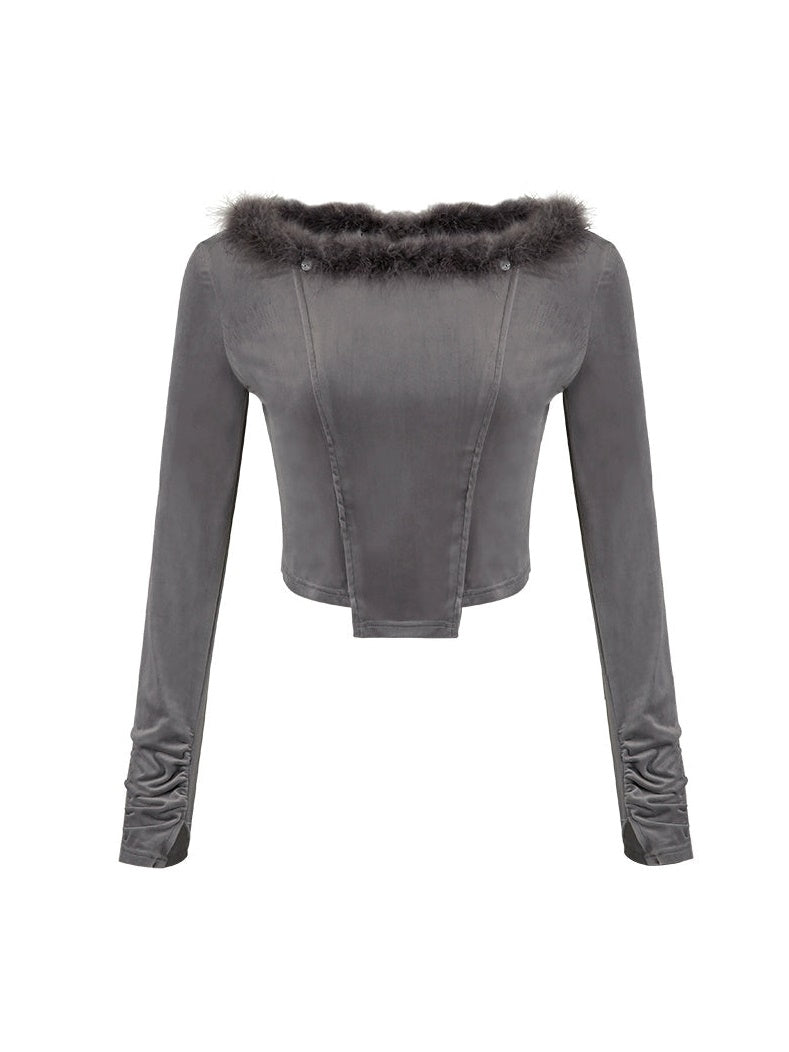 Fur Collar Top & Halter-neck Vest & Cut Lace Skirt