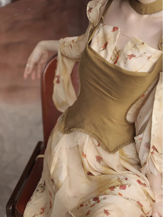 Floral Printed Strap Fake Layered Dress & Shirt