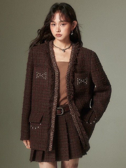 Rivet Glitter Tweed No-Collar Jacket & Pleated Skirt