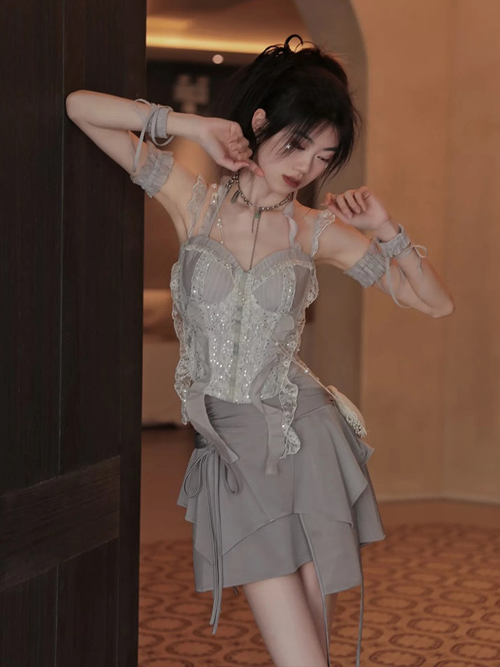 Lace Spangle Stitch Camisole Top & Irregular Hem Culottes