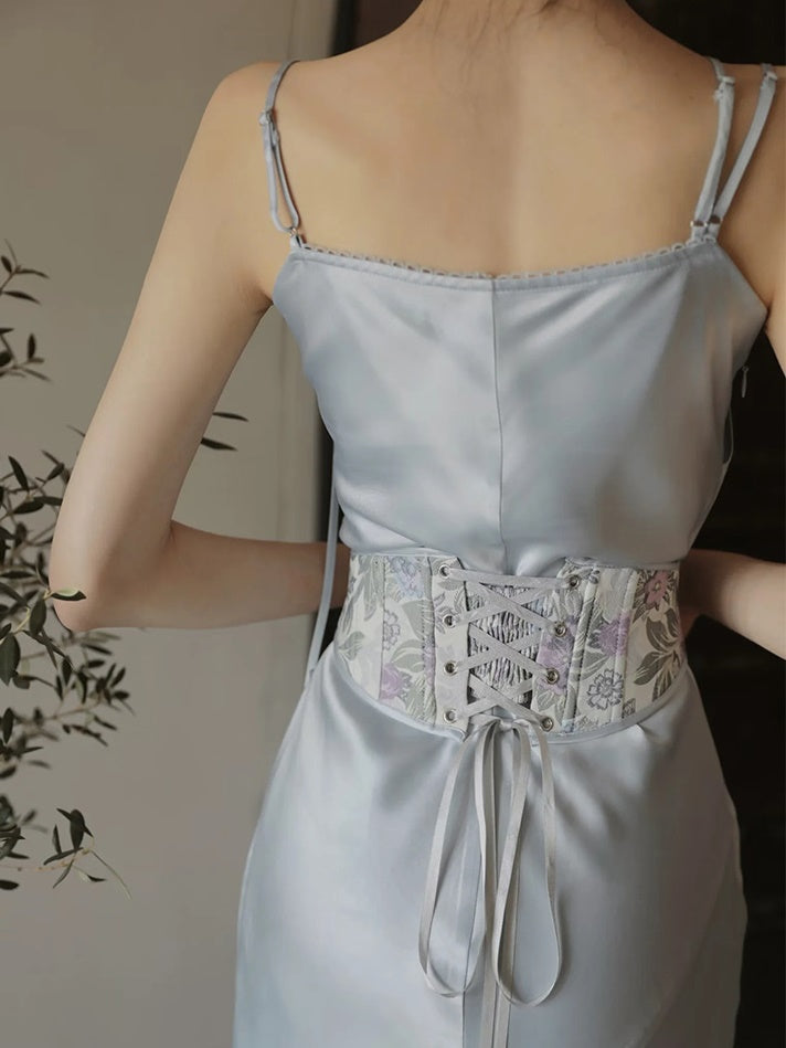Drape Sling Dress With Floral Corset Belt