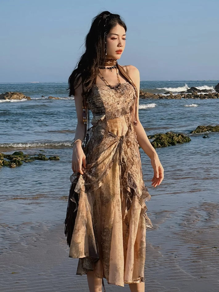 Classical Aesthetics Printed Lace Dress & Waist Slim Cardigan