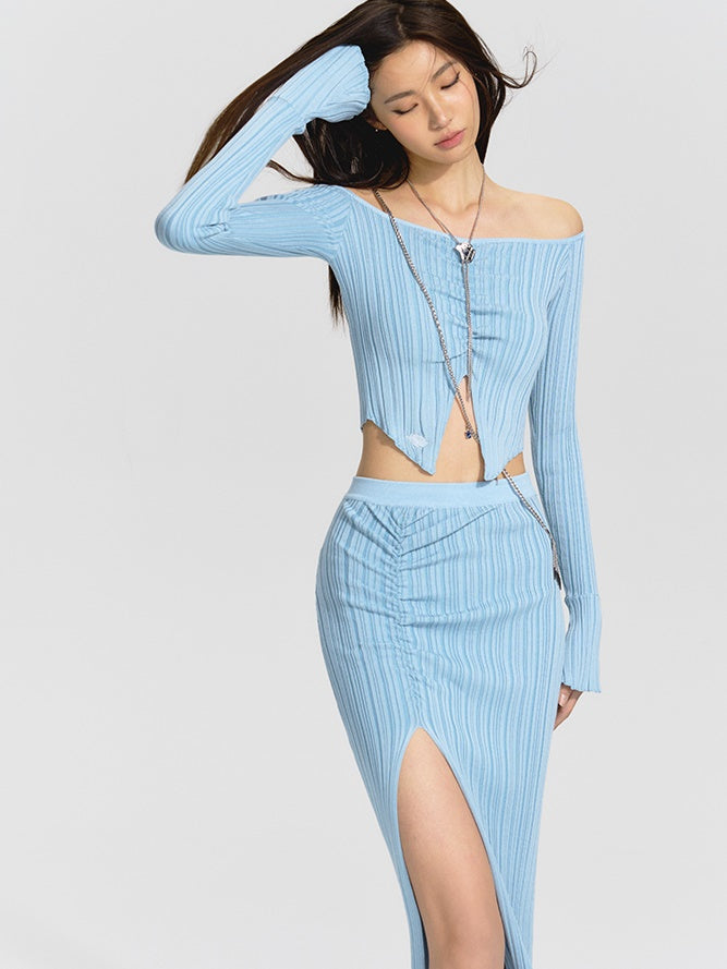 One-shoulder Knitted Top & Slit Skirt