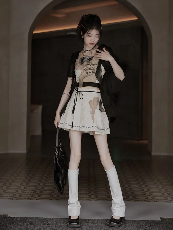 European-style Lace Embroidery Top & Pleat Skirt