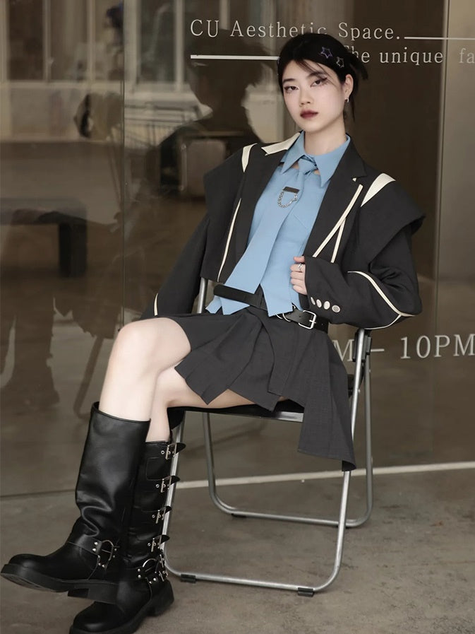 Plaid Wide Shoulder Jacket & Pleated Skirt Pants