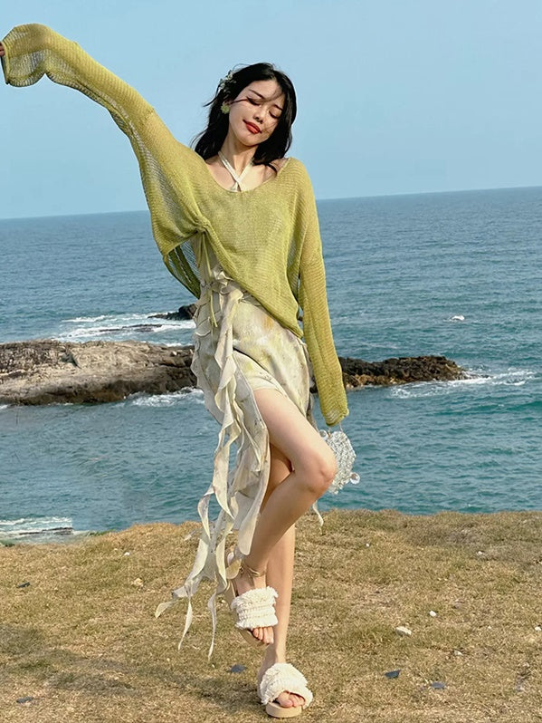 Oil Painting Printing Fishtail Dress & Top & Set-up