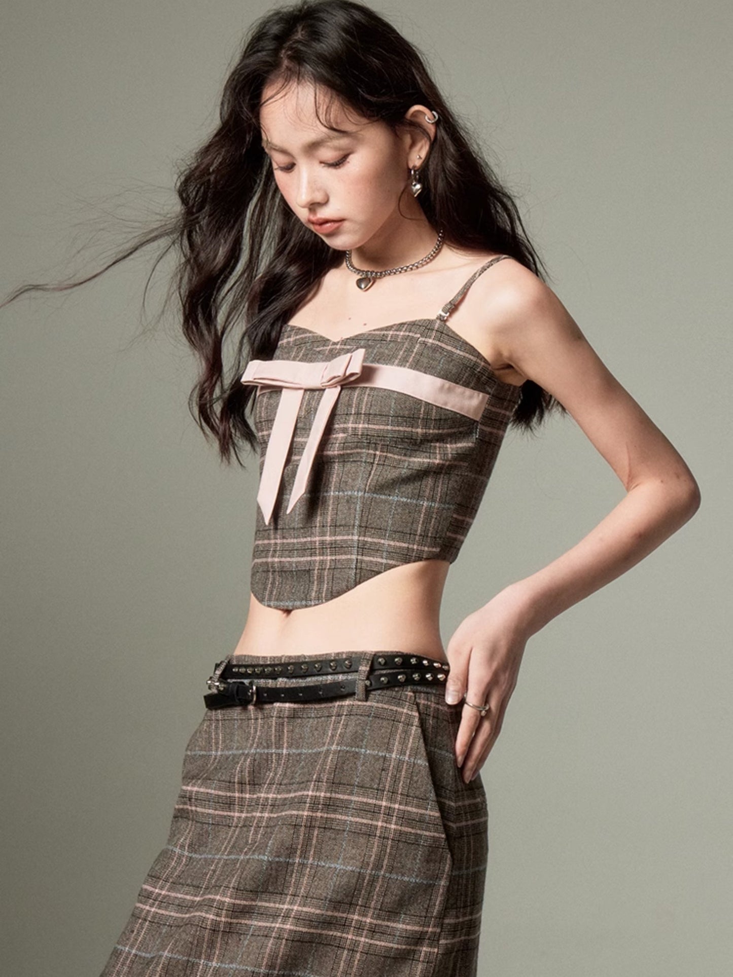 Plaid Bow Cropped Camisole & Long Skirt