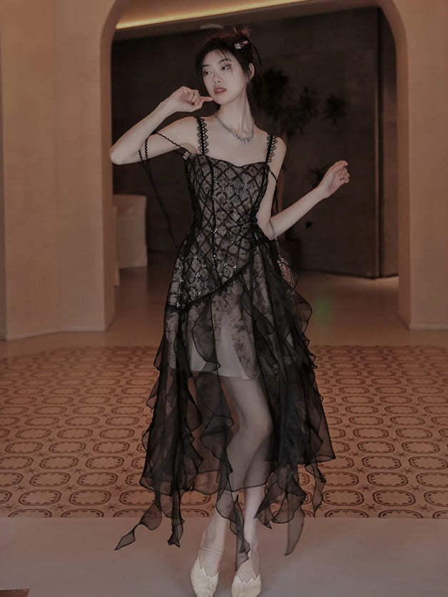 Irregular Frill Stitch Lace Sheer Sling Dress
