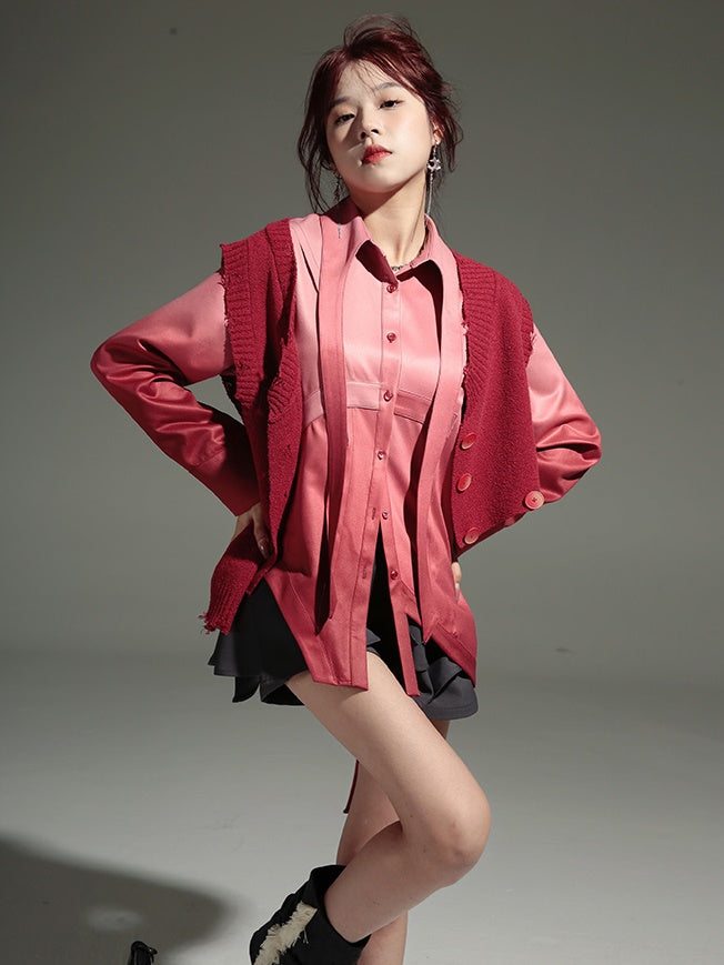 Gradation Detachable 2way Shirt Dress & Knitted Vest