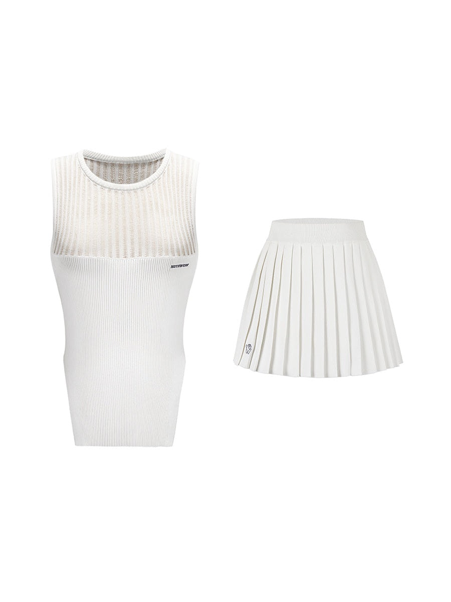 Hollow Knitted Vest & Pleat Skirt