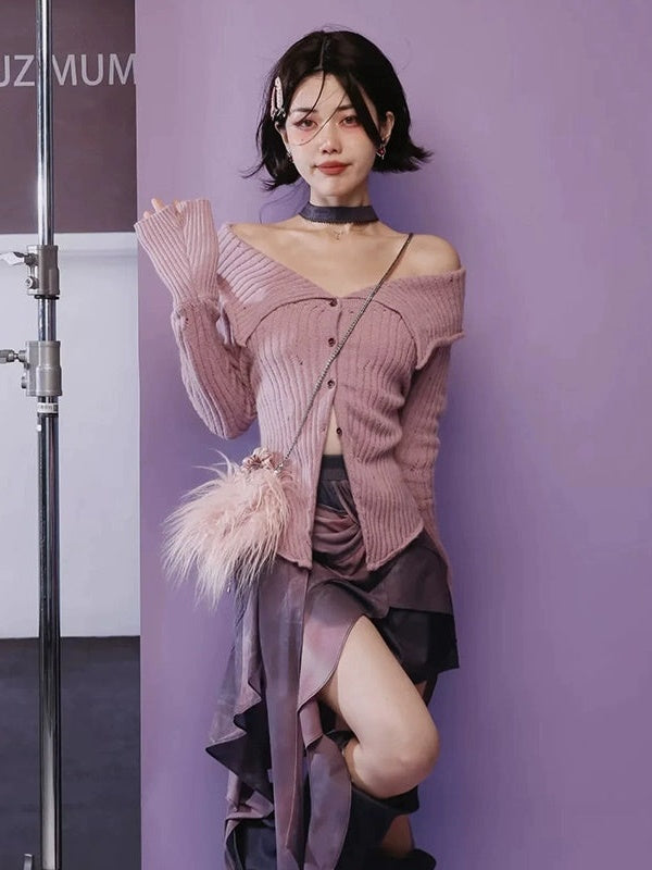 Large Lapel Off-Shoulder Cardigan