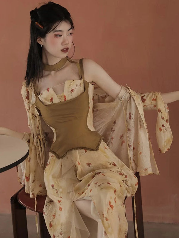 Floral Printed Strap Fake Layered Dress & Shirt