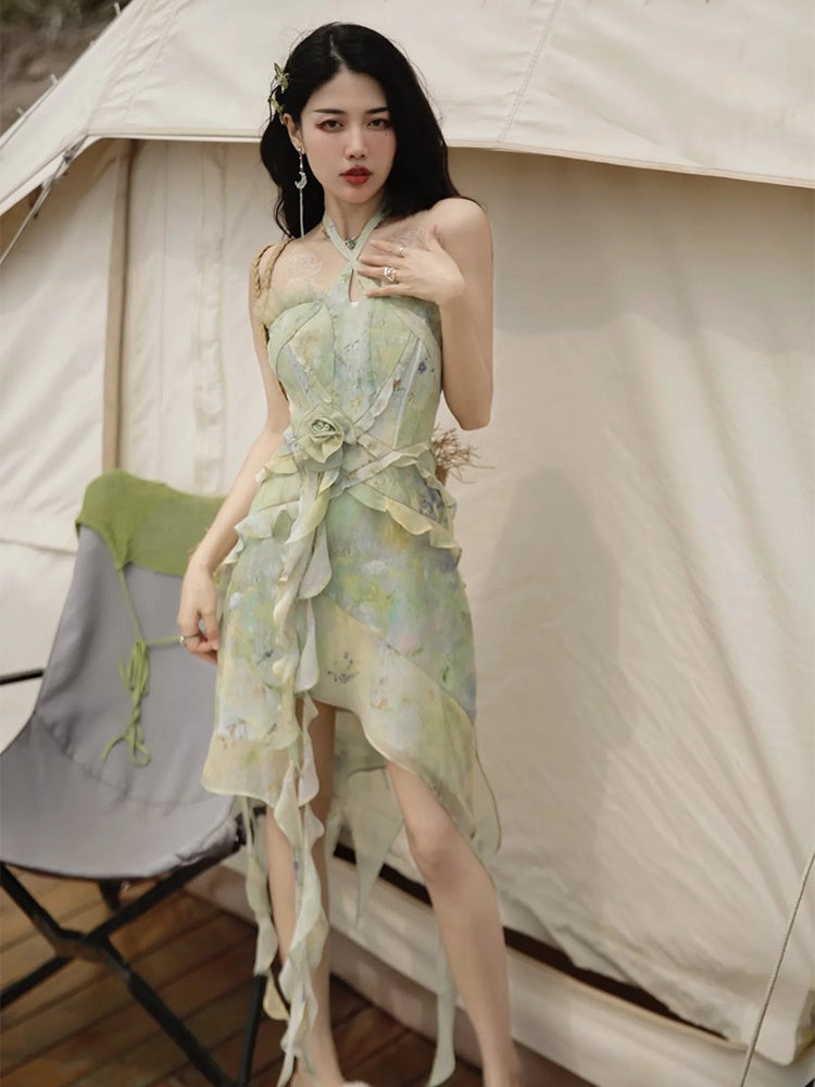 Oil Painting Printing Fishtail Dress & Top & Set-up