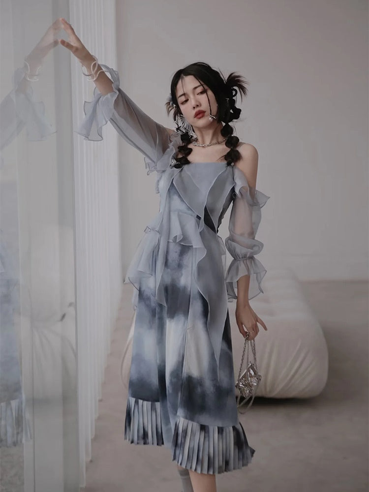 Oil Painting Print Dress with Detachable Sleeves