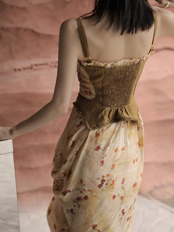 Floral Printed Strap Fake Layered Dress & Shirt