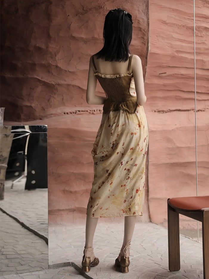 Floral Printed Strap Fake Layered Dress & Shirt