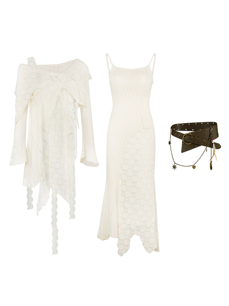 Fairy Style Mermaid Slip Dress & Asymmetry Lace Top & Belt