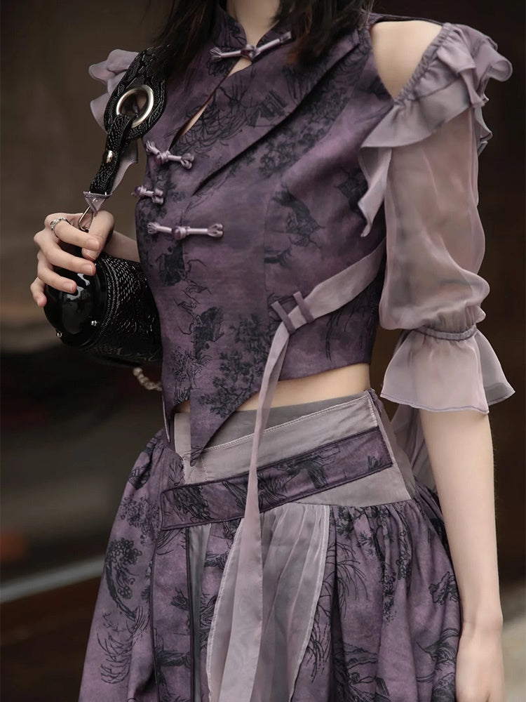 Chinese Style Short Top & Irregular Hem Skirt & Camisole & Cropped Sheer Cardigan