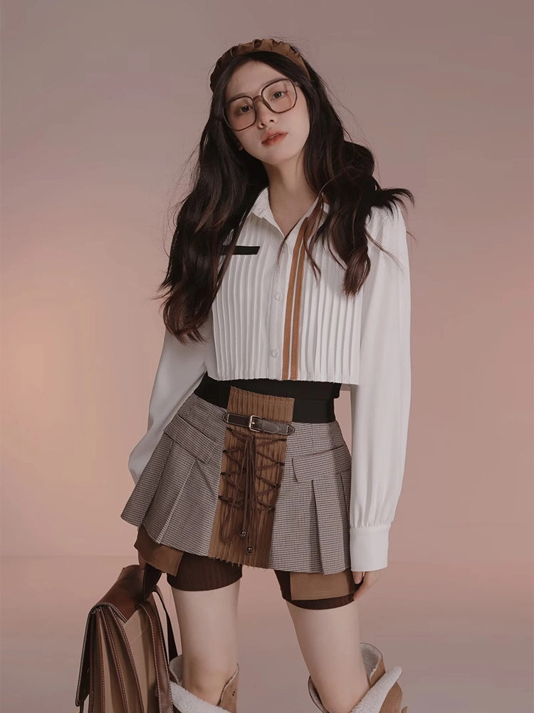 Plaid Fake Two Check Skirt Pants