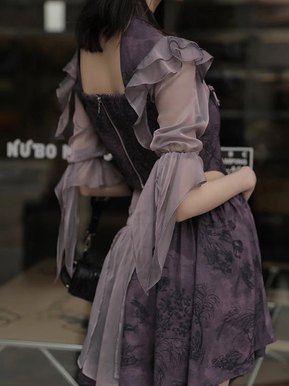 Chinese Style Short Top & Irregular Hem Skirt & Camisole & Cropped Sheer Cardigan