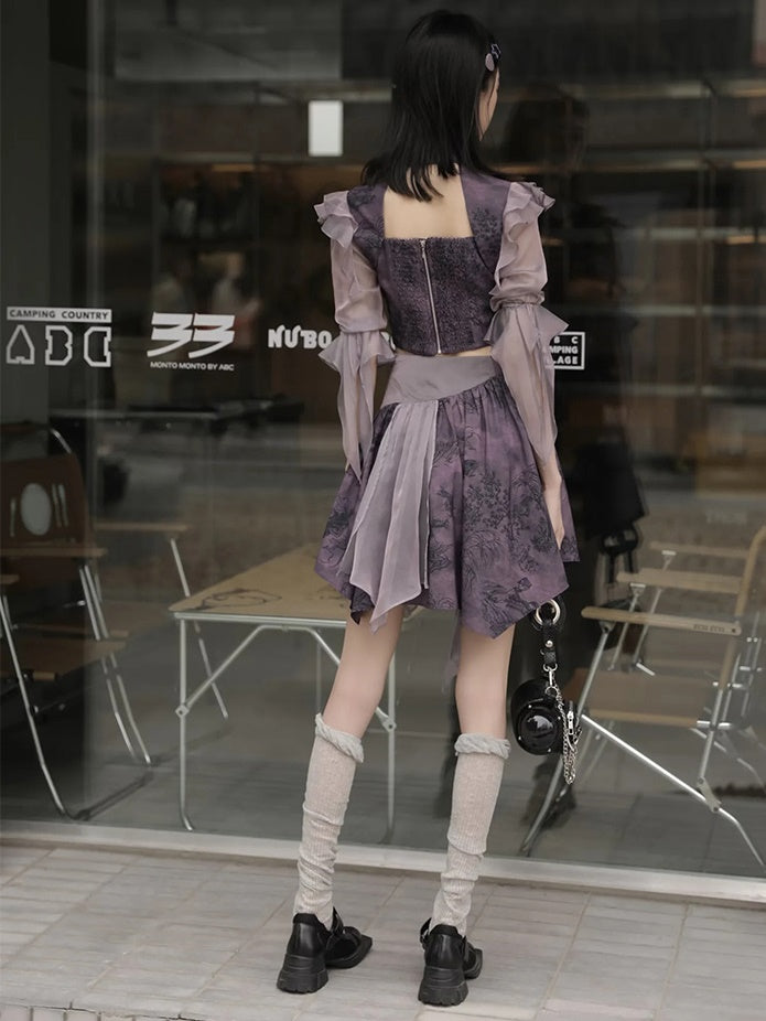 Chinese Style Short Top & Irregular Hem Skirt & Camisole & Cropped Sheer Cardigan