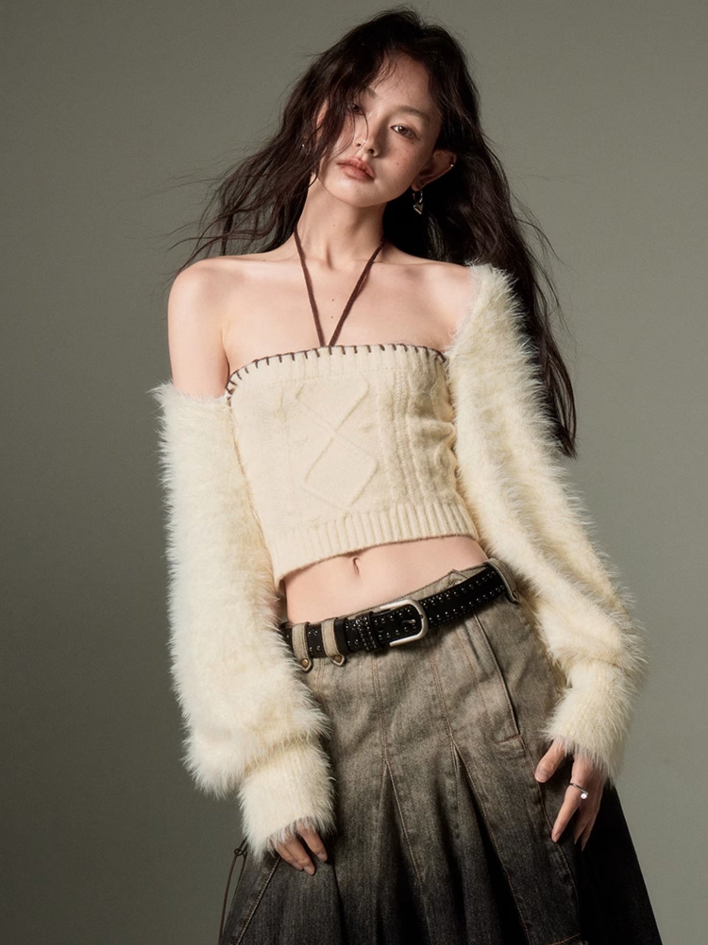 Hanging Neck Tube Top & Shawl Cardigan Set-up