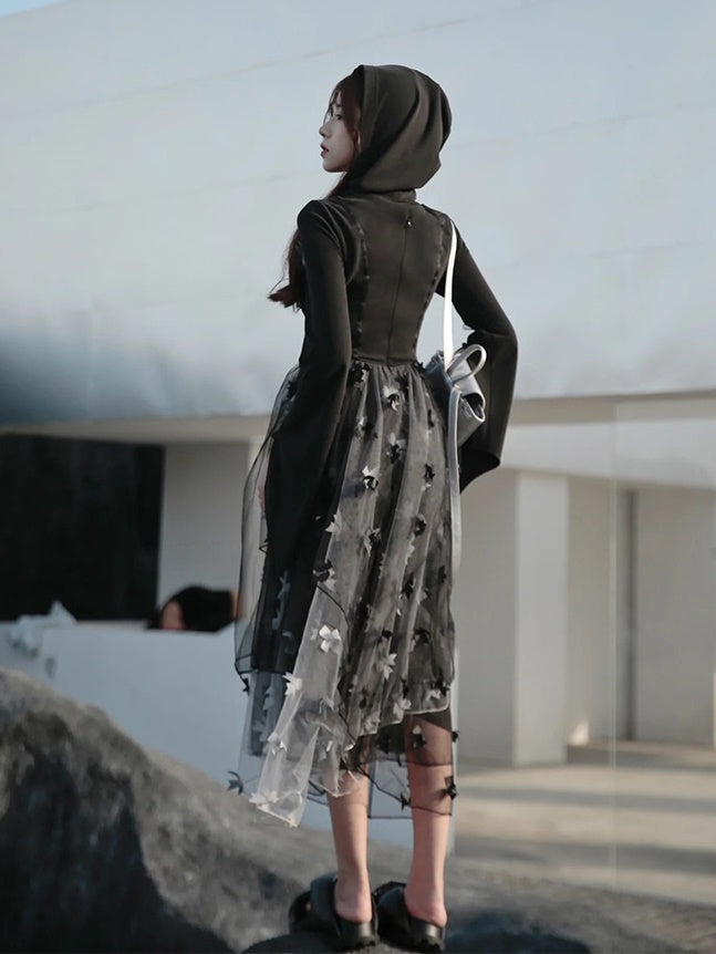 Butterfly Ribbon Gauze Hooded Dress