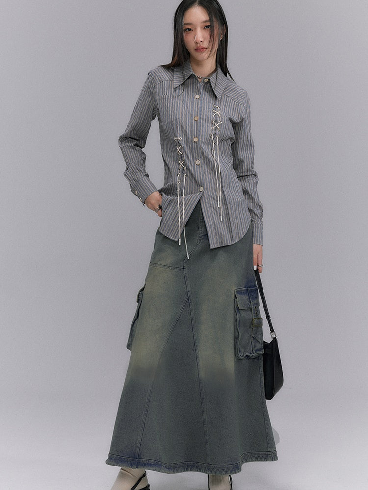 Washed Old Denim A-Line Long Skirt