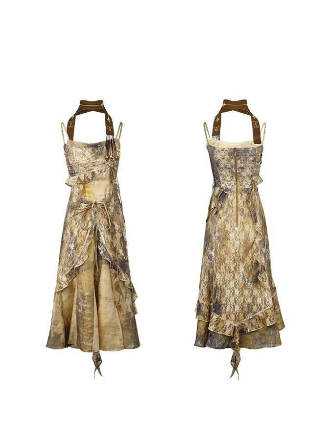 Classical Aesthetics Printed Lace Dress & Waist Slim Cardigan