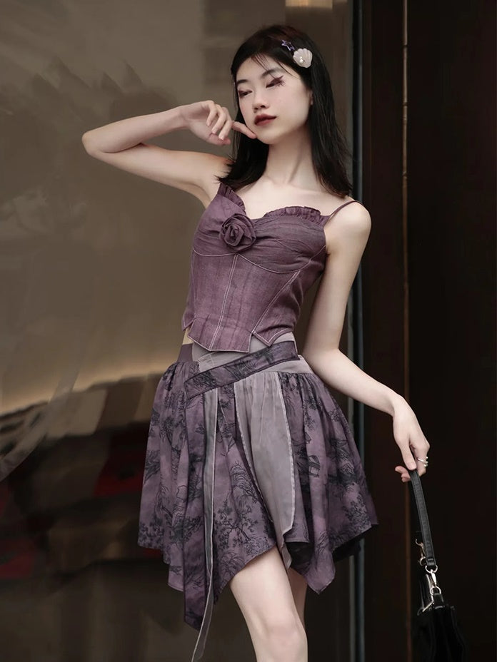 Chinese Style Short Top & Irregular Hem Skirt & Camisole & Cropped Sheer Cardigan