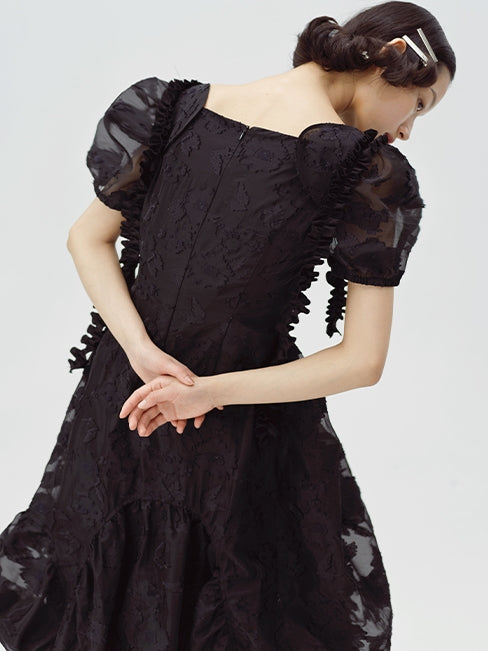 Irregular Flower Bud Black Dress