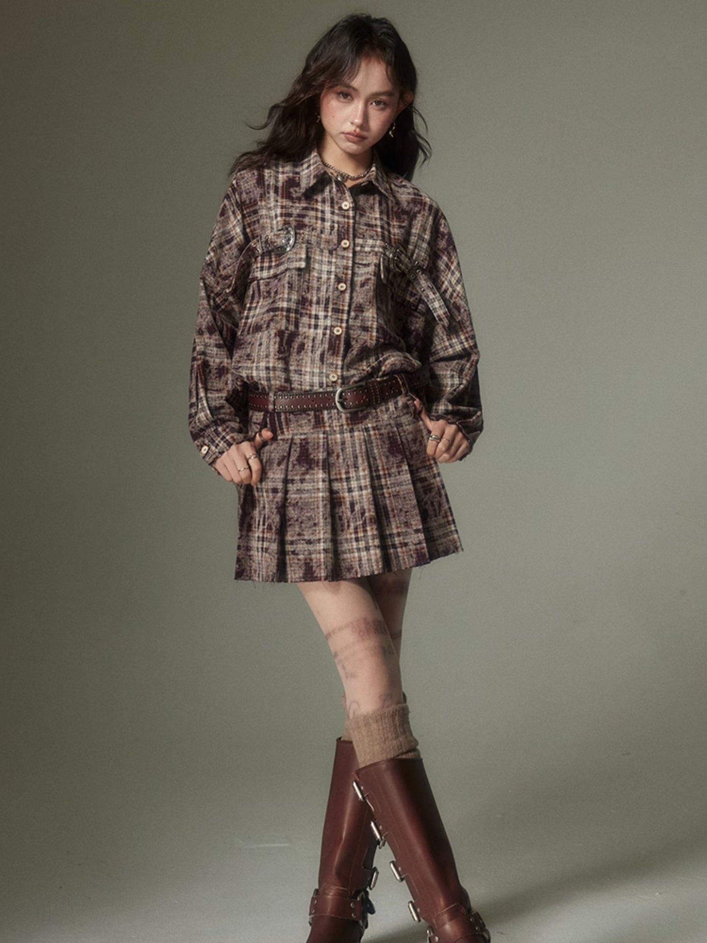 Plaid Loose Long Sleeve Shirt & Pleated Skirt