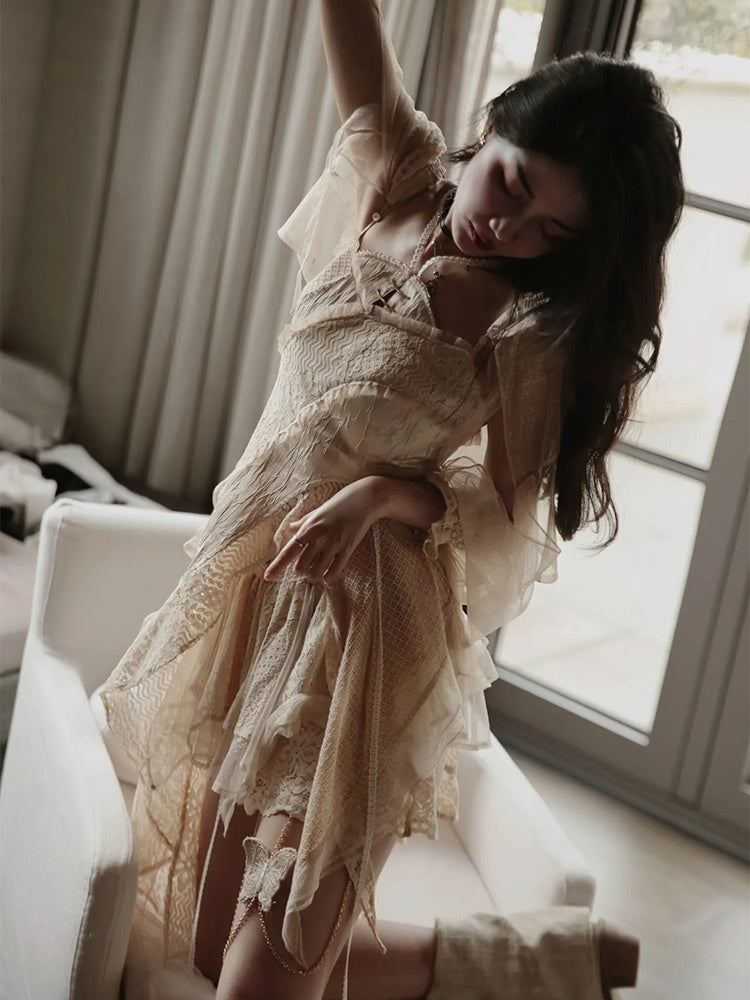 Lace Asymmetry Long Camisole Top & Cake Culottes Skirt & Shawl Top