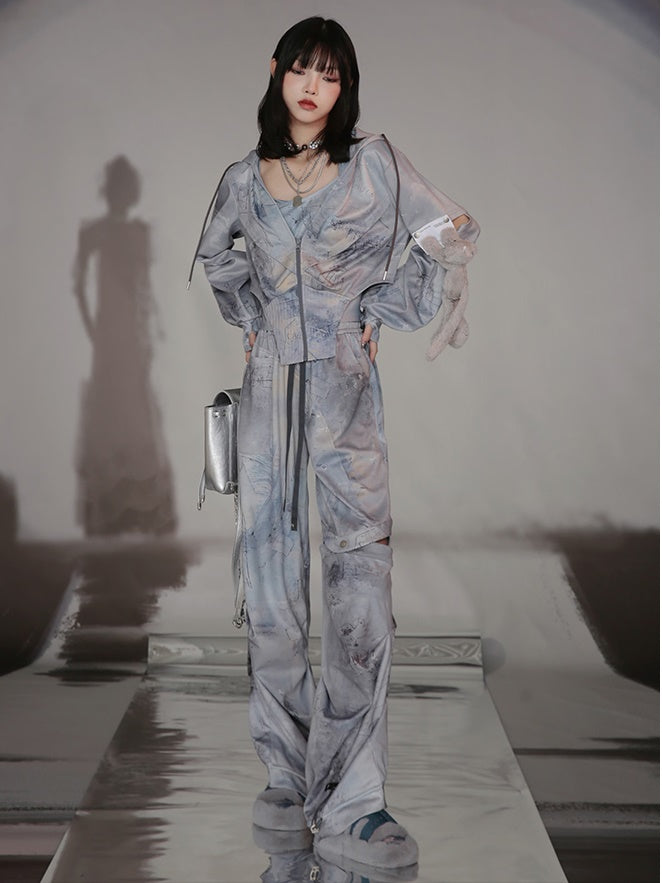 Graffiti Print Parka & Camisole Set & Cutout Pants & Slit Skirt