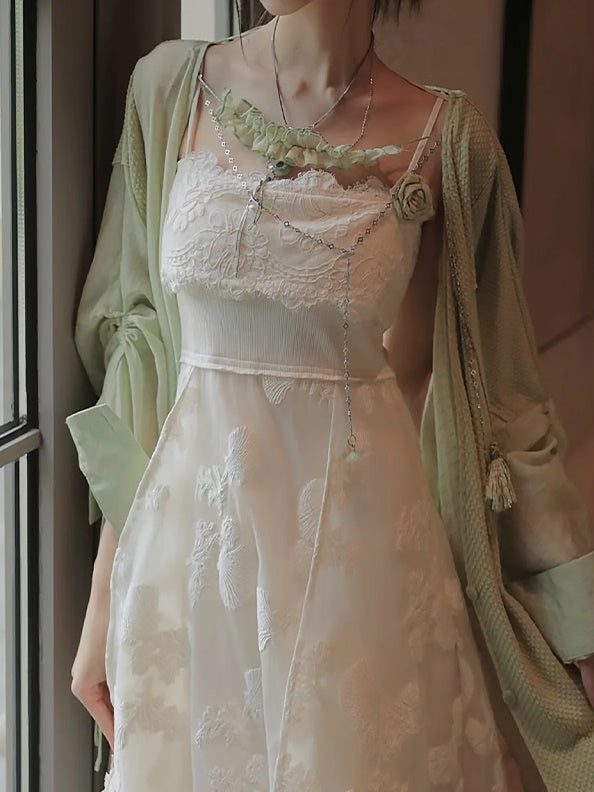 Jacquard Slip Bud Dress & Sheer Cardigan & Accessory