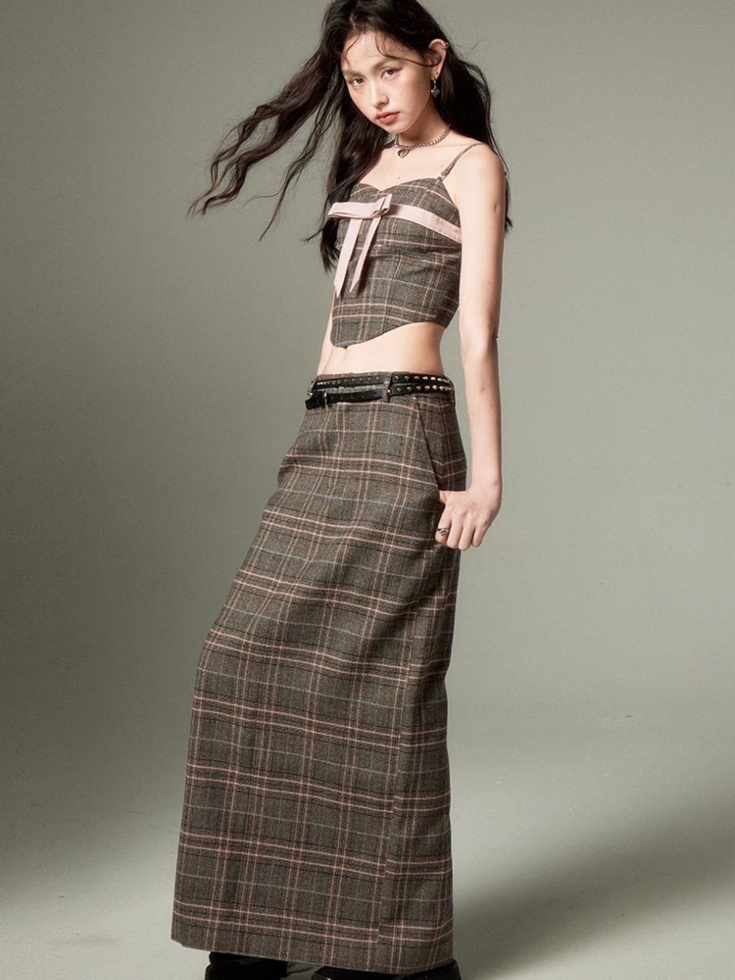 Plaid Bow Cropped Camisole & Long Skirt