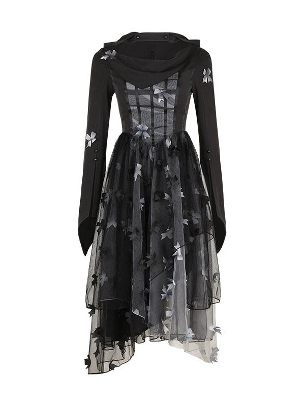 Butterfly Ribbon Gauze Hooded Dress