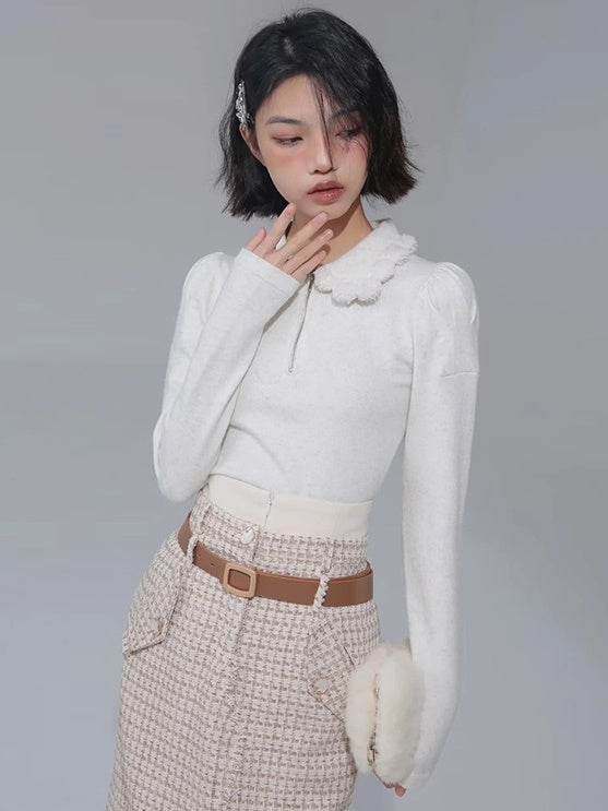 Knitted Fur Ball Collar Shirt
