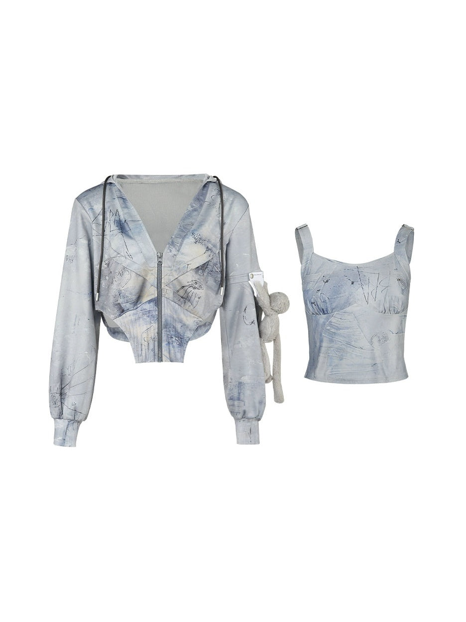 Graffiti Print Parka & Camisole Set & Cutout Pants & Slit Skirt