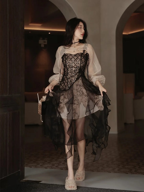 Irregular Frill Stitch Lace Sheer Sling Dress