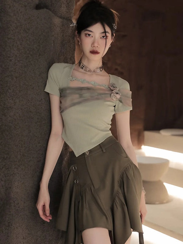 Short Jacket &Asymmetry Culottes & Tube Top & T-shirt